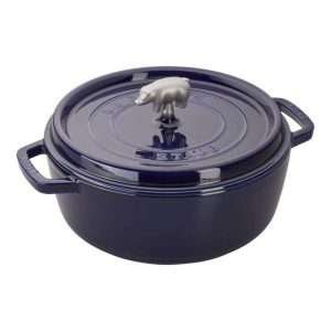 Staub – Wide Round Oven  Shallow Cocotte, 6QT, Dark Blue W/ Pig Knob